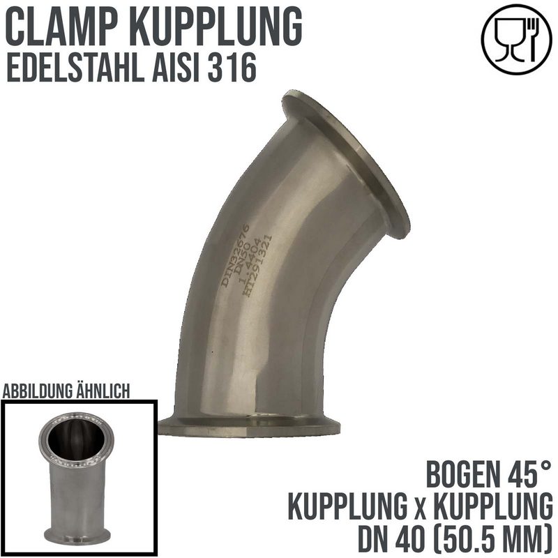 CLAMP Kupplung Bogen 45° 50,5 mm DIN 32676 Flansch Teller DN 40  1 1/2" - PN 16 bar