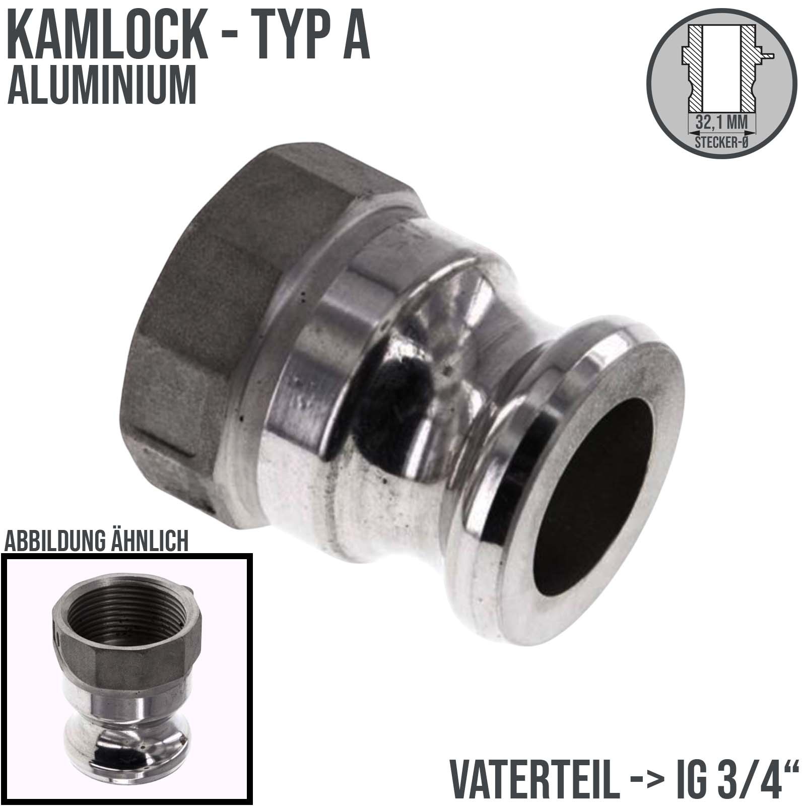 Kamlock Typ A - Vaterteil Aluminium - 32,1 mm Stecker mit Innengewinde (IG) 3/4" Zoll DN 20 - PN 10 bar
