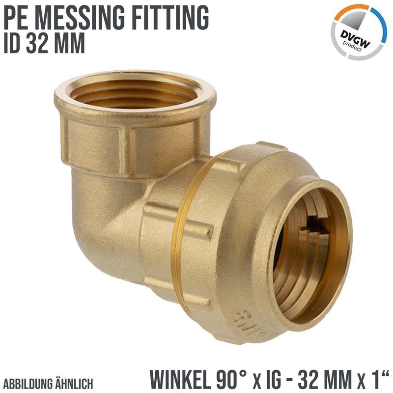 32 mm x 1" PE Fitting Klemm Verbinder Messing Verschraubung Muffe Winkel 90° x IG DVGW - PN 16 bar