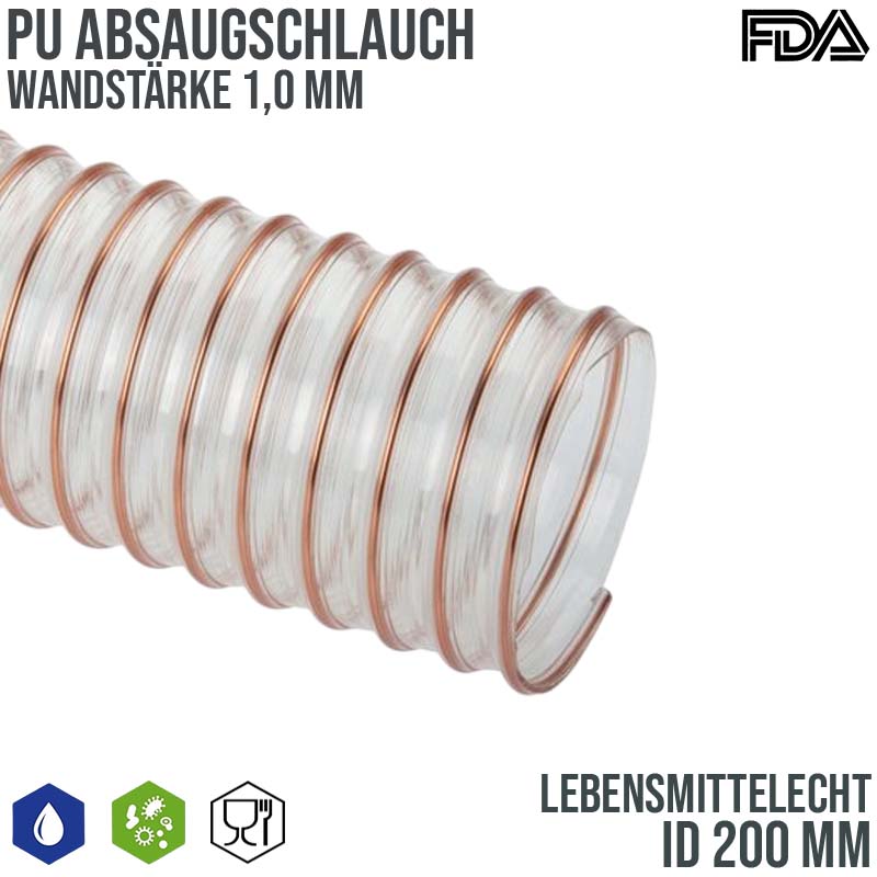 200 mm PU Saug Ansaug Druck Spiral Flex FDA Lebensmittel Schlauch - Wandstärke 1,0 mm - PN 0,30 bar