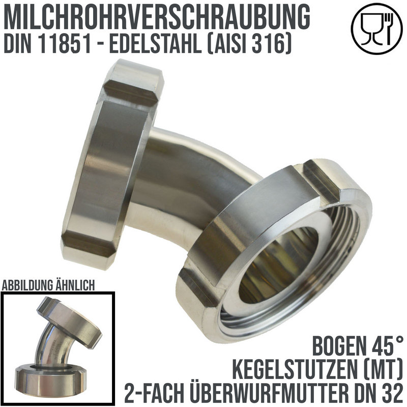 DN 32 Milchrohr Verschraubung DIN 11851 Mutterteil Kegel Stutzen 45° Bogen Innen x Innengewinde - PN 25 bar