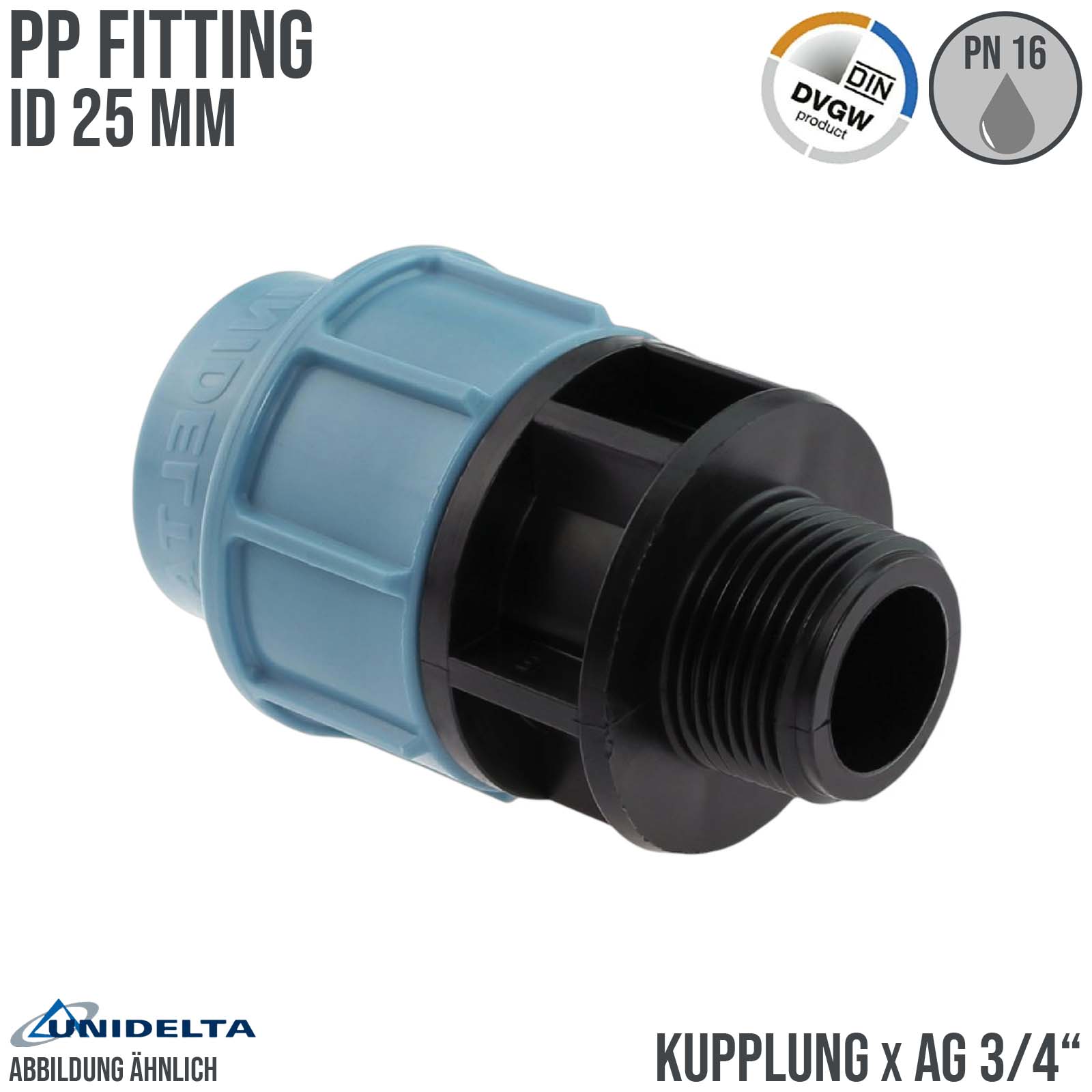 25 mm x 3/4" PE PP Fitting Klemm Verbinder Verschraubung Muffe Rohr Kupplung x AG DVGW - Unidelta