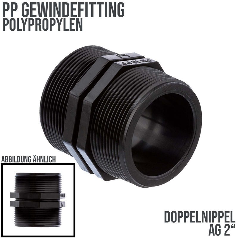 2" PP Gewinde Fitting Doppel Nippel schwarz Außengewinde AG Polypropylen - PN 10 bar