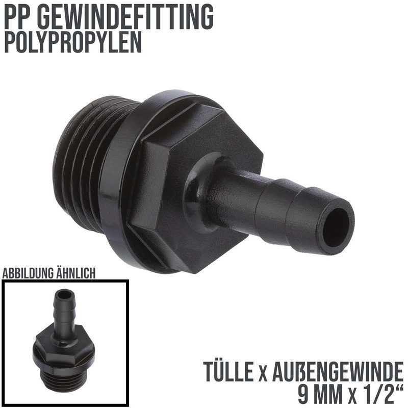 9 mm x 1/2 " PP Gewinde Fitting Schlauch Tülle Stutzen Außengewinde AG - PN 6 bar