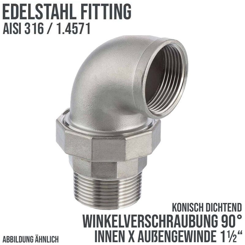 1 1/2" Edelstahl Fitting V4A AISI 316 Winkelverschraubung 90° Innen x Außengewinde IG x AG konisch dichtend - PN 16 bar