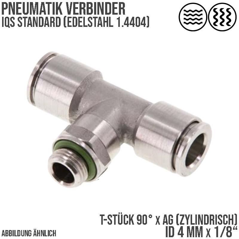 4 mm x 1/8" Pneumatik Steck Verbinder T-Stück 90° IQS Edelstahl VA 1.4404 Außengewinde zylindrisch - PN 15 bar
