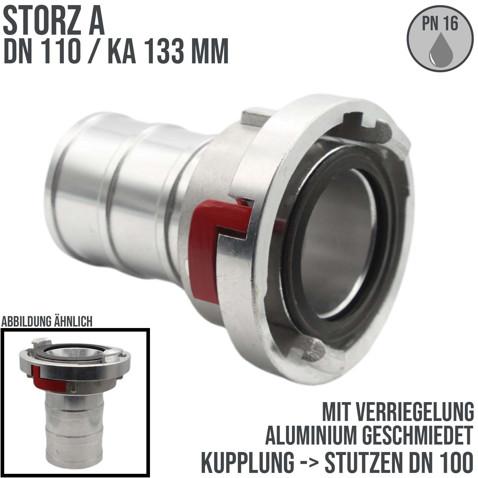 STORZ A DN110 KA133 Saug Kupplung -> Stutzen Tülle DN100 mit Verriegelung Bau Feuerwehr Schlauch PN 16 bar