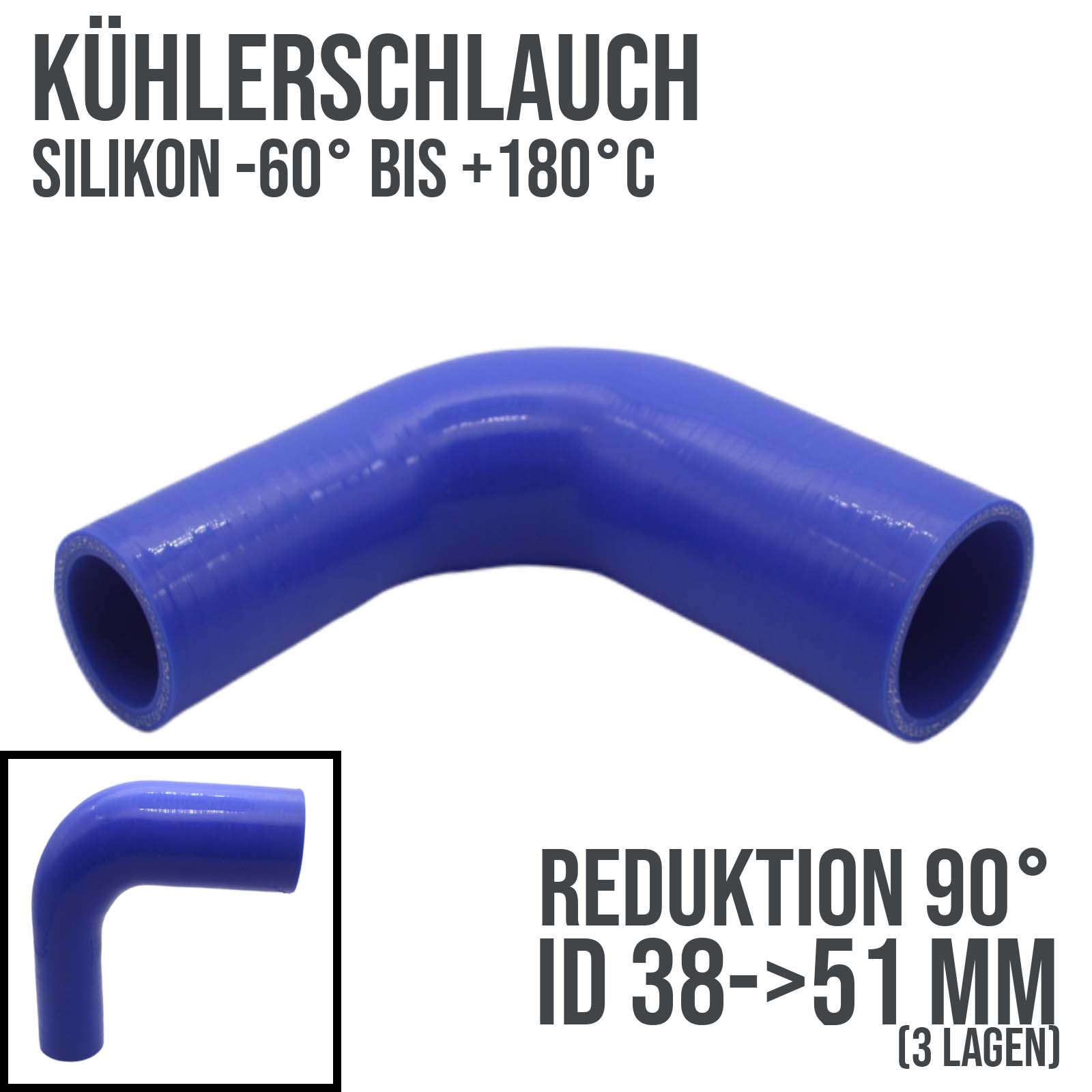 38 -> 51 mm ID Kühlerschlauch Reduktion 90° Verbinder Silikon LLK Ladeluft Kühlmittel Schlauch blau - 150mm