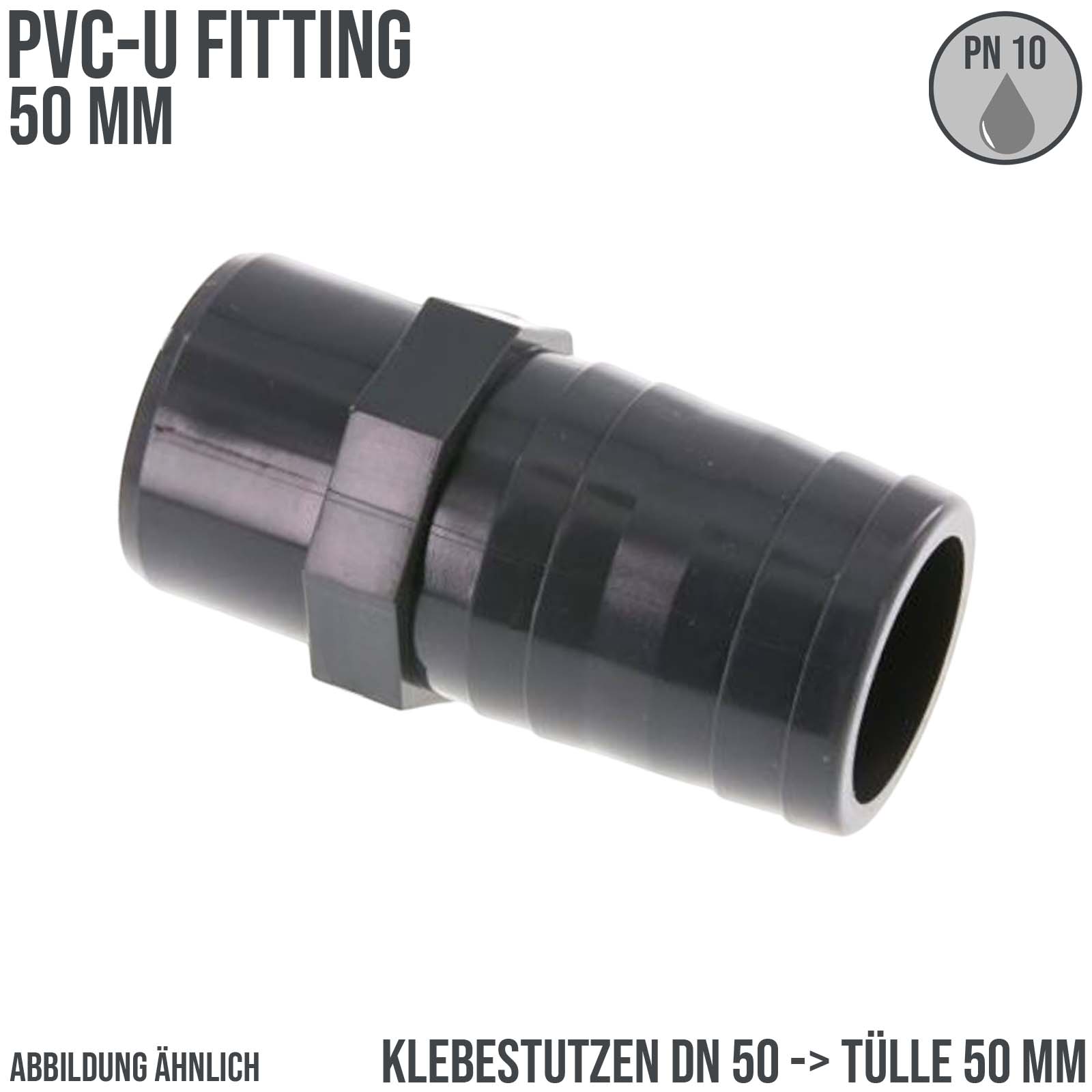 50 mm PVC Klebefitting Schlauch Klebe Tülle Stutzen Verbinder Pool Teich DN50 -> 50 mm - PN 10 bar