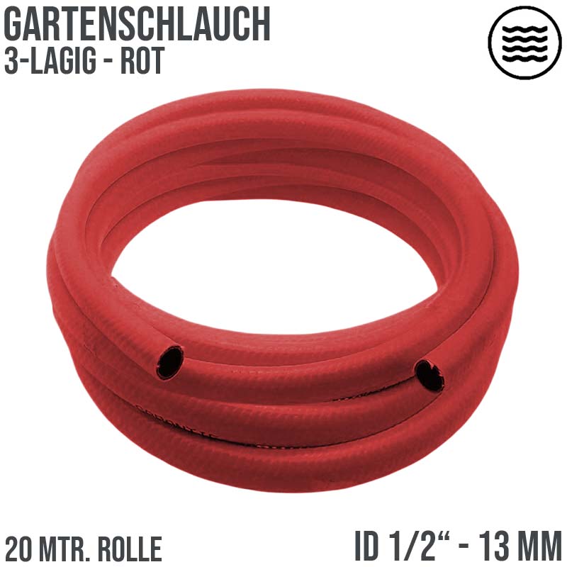 1/2" 13 mm 3-lagig Garten Wasser Bewässerung Universal Schlauch rot/grau - PN 10 bar - 20 m
