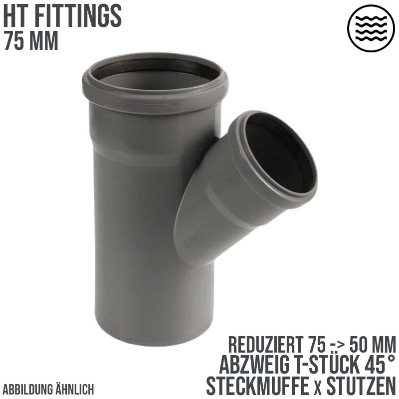 75 x 40 mm PP T-Stück 45° Abzweig Abfluß Abwasser HT KG Rohr Steckmuffe x Stutzen grau