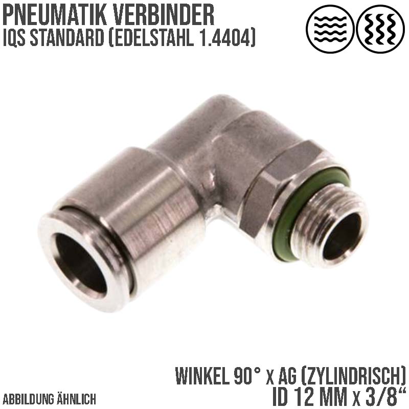 12 mm x 3/8" Pneumatik Steck Verbinder Winkel 90° eckig IQS Edelstahl VA 1.4404 Außengewinde zylindrisch - PN 15 bar