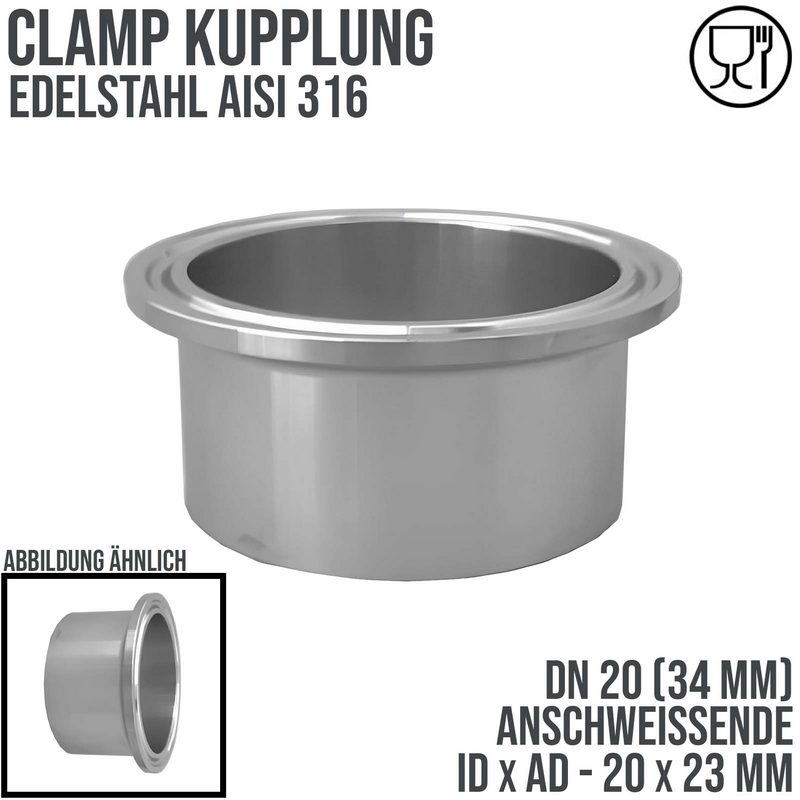 DN 20 CLAMP Kupplung 34 mm DIN 32676 Anschweissende ID 20 x AD 23 mm - PN 16 bar