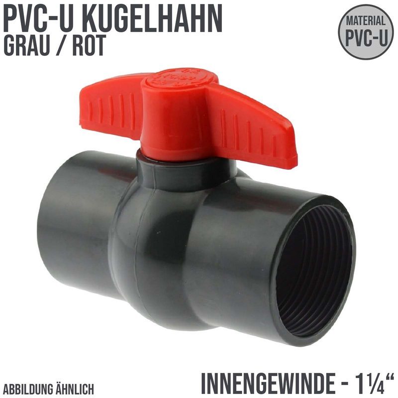 1 1/4" PVC Kugel Absperr Hahn Ventil ECO grau beitseitiges Innengewinde PN 10 bar - roter Griff