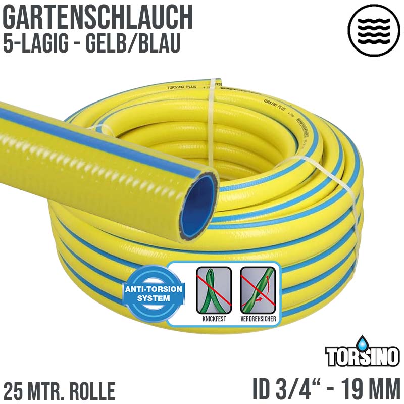 19 mm 3/4" Zoll 5-lagiger Garten Wasser Bewässerung Schlauch gelb Torsiono Plus PN 8 bar - 25m
