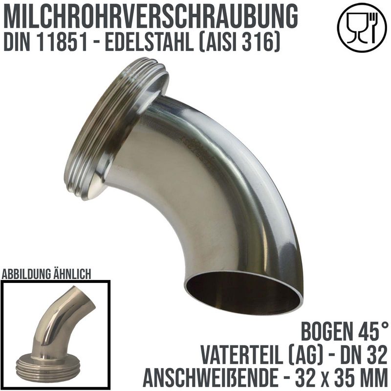 DN 32 Milchrohr Verschraubung DIN 11851 VT Vaterteil Stutzen 45° Bogen ÜWM Außengewinde Anschweißende ID x AD 32 x 35 mm - PN 25 bar
