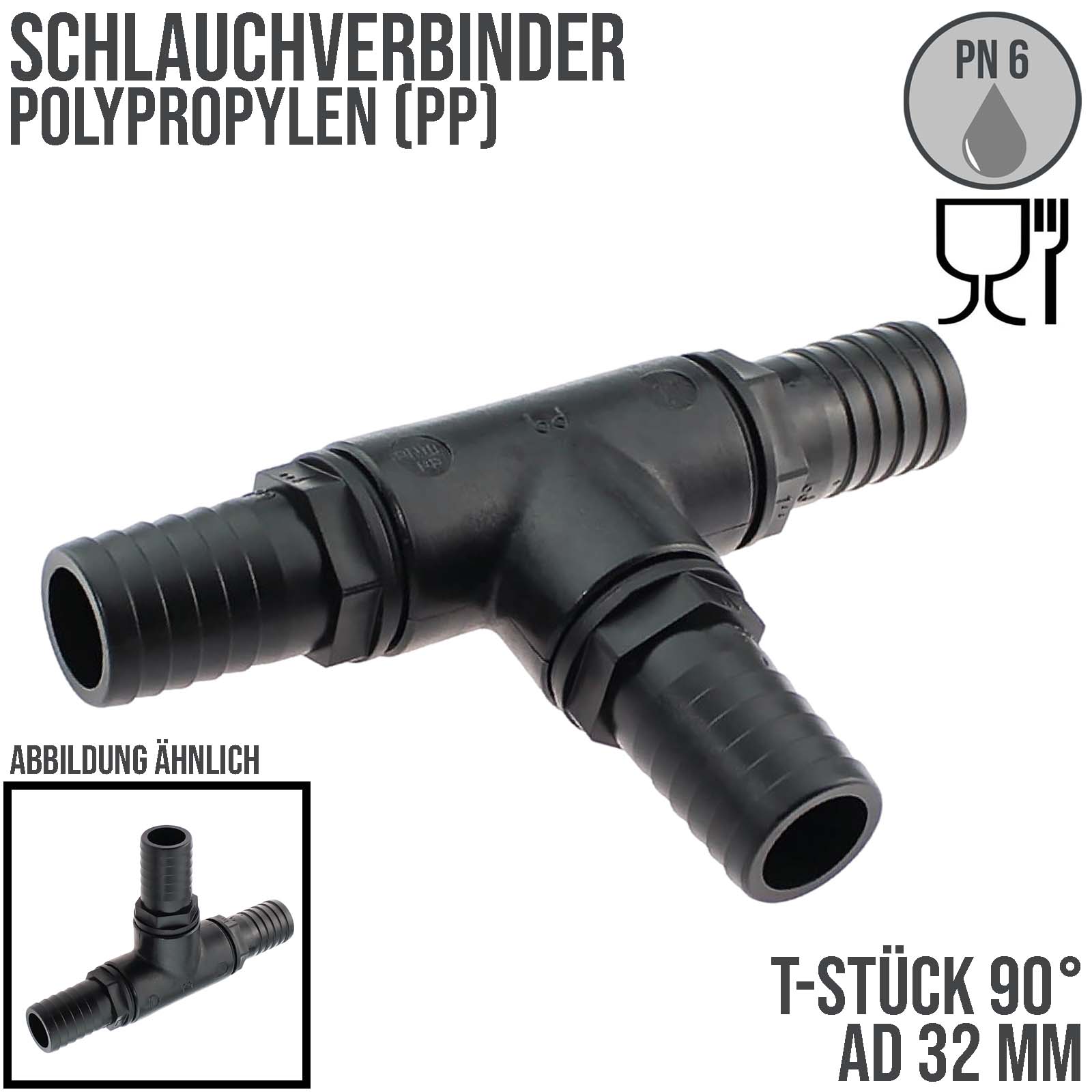 32 mm T-Stück 90° Schlauch Verbinder 3-fach Stutzen Tülle Pool Teich Garten schwarz - PN 6 bar
