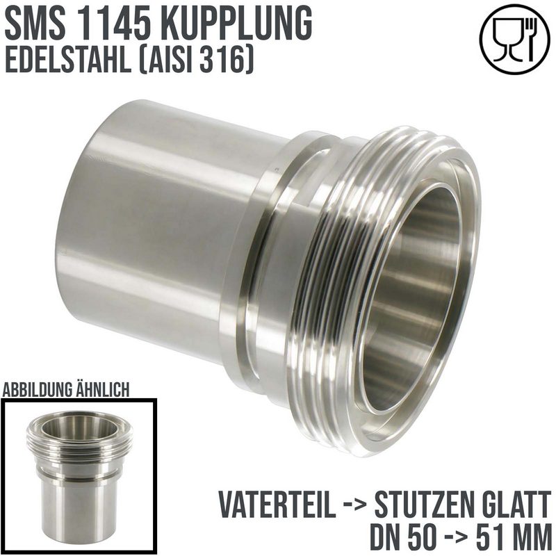 DN 50 SMS Kupplung 1145 Vaterteil VT Außengewinde Sicherungsbund - Stutzen glatt 50 mm - PN 25 bar