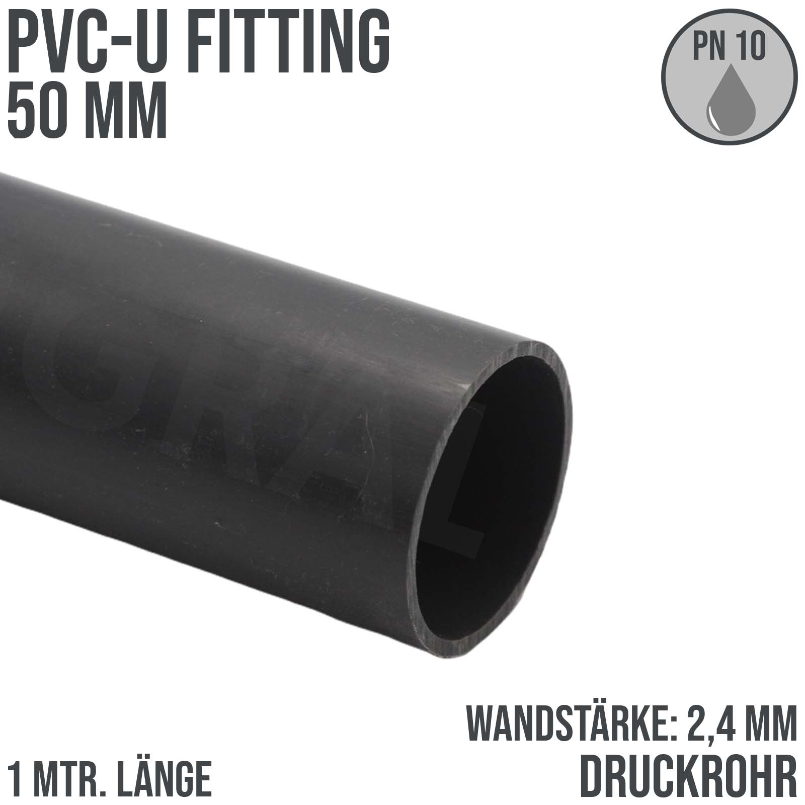 50 x 2,4 mm PVC Klebe Fitting Druck Kunststoff Rohr grau - 1 m Fixlänge - PN 10 bar