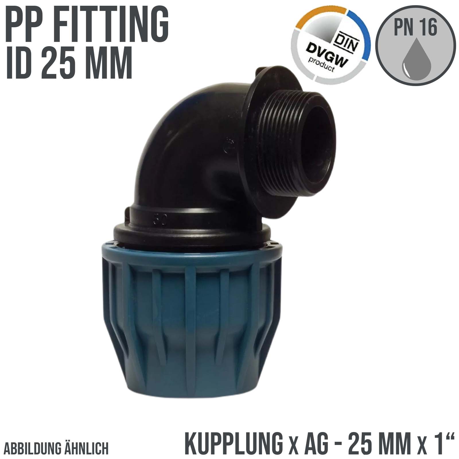 25 mm x 1" PE PP Fitting Klemm Verbinder Verschraubung Rohr Winkel 90° x AG DVGW - PN 16 bar 