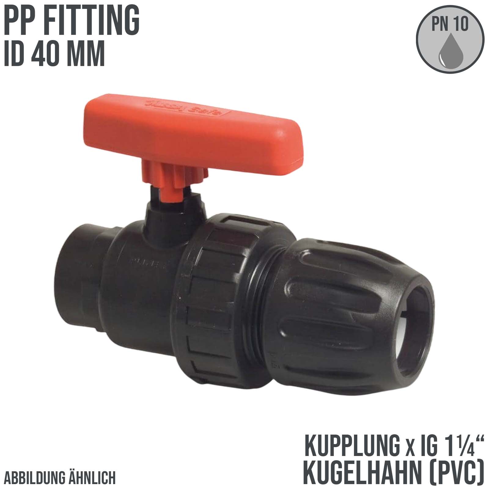 40 mm PE PP Kugelhahn Klemm Muffe Kupplung Innengewinde IG schwarz/rot - PN 10 bar