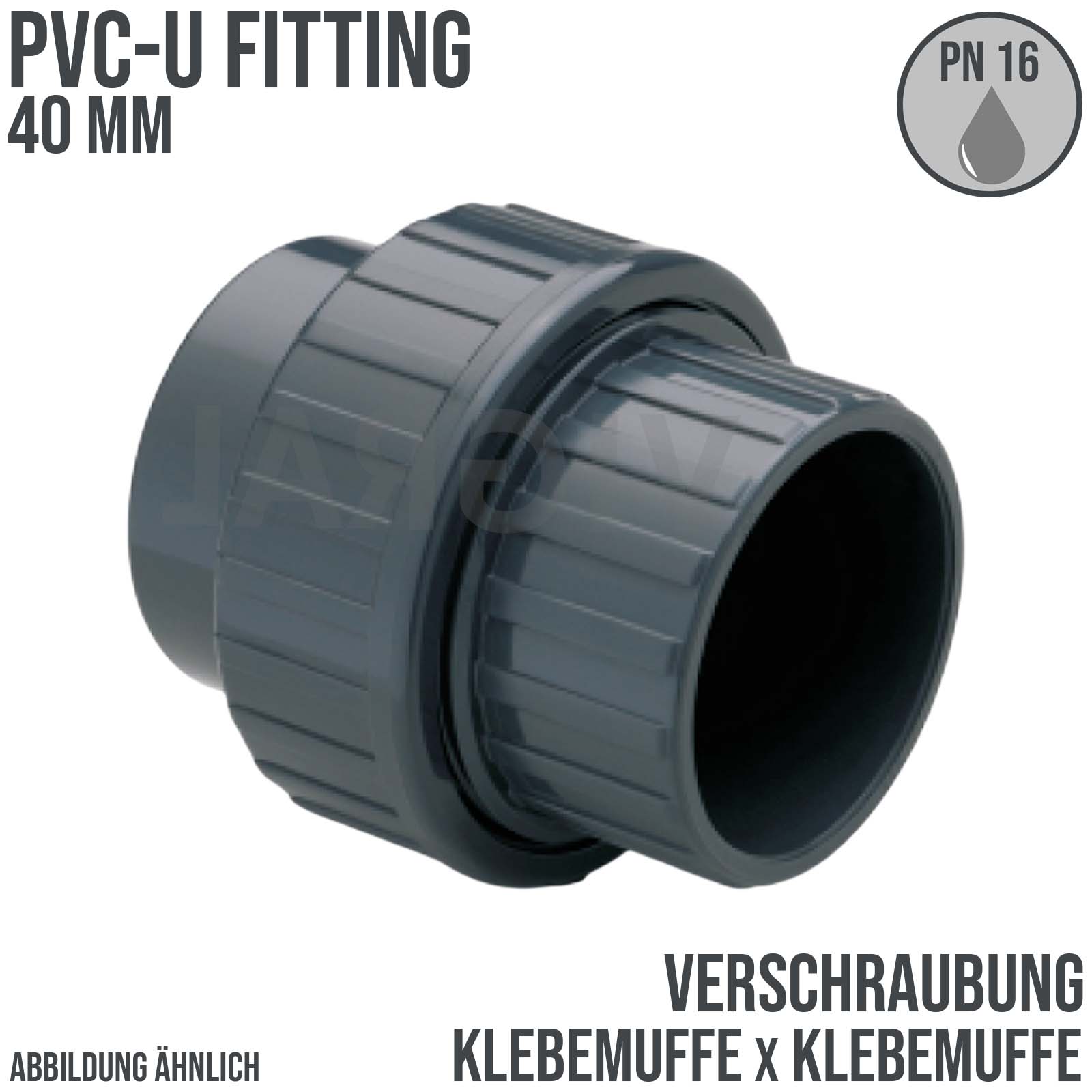 40 mm PVC Klebe Fitting Verschraubung 2-fach Muffe Verbinder - PN 16 bar