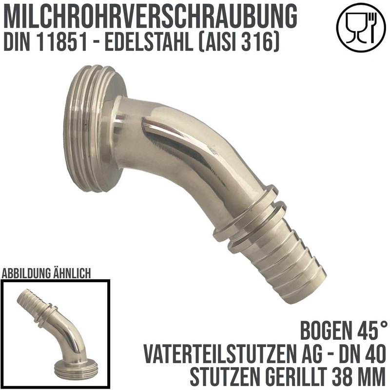 DN 40 Milchrohr Verschraubung DIN 11851 VT Vaterteil Stutzen 45° Bogen Außengewinde RD Sicherungsbund - Stutzen gerillt 38 mm - PN 25 bar
