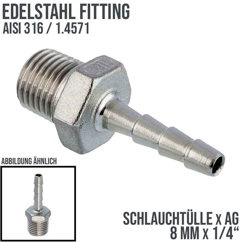 8 mm x 1/4" Zoll Schlauch Tülle Stutzen Außengewinde AG Nippel Edelstahl AISI 316 VA  Fitting - PN 20 bar