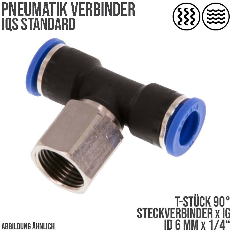 6 mm x 1/4" Pneumatik Steck Verbinder T-Stück 90° IQS Innengewinde - PN 20 bar