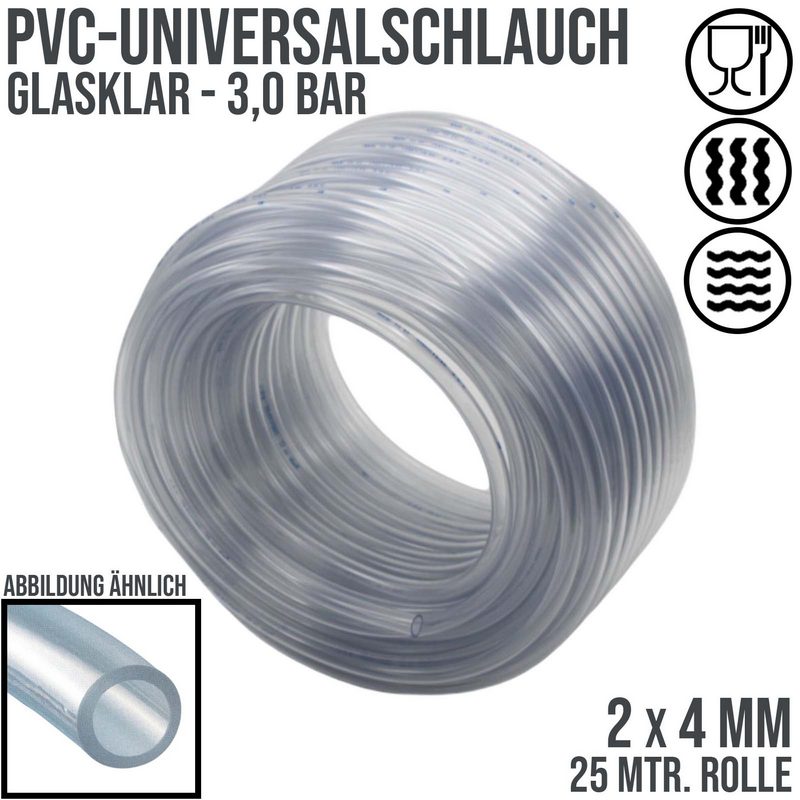 2 x 4 mm PVC Luft Filter Wasser Universal Labor Aquarium Terrarium Schlauch klar durchsichtig - PN 3 bar  - 25 m