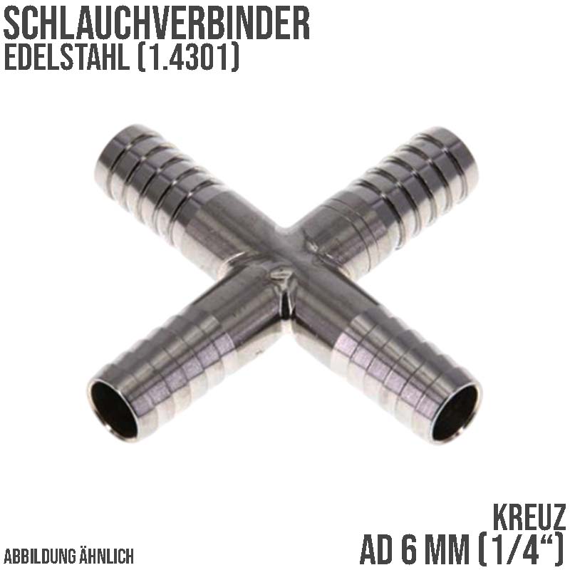 6 mm - 1/4" Zoll Kreuz Schlauch Verbinder Verteiler Tülle Kupplung Reparatur Edelstahl VA 1.4301