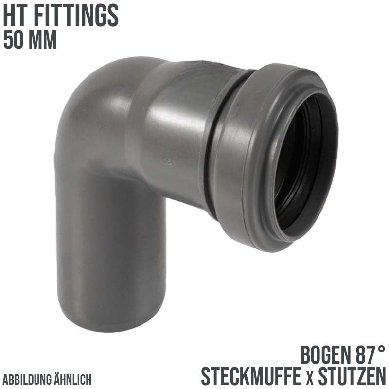 50 mm PP Bogen 87° Abzweig Abfluß Abwasser HT KG Rohr Steckmuffe x Stutzen grau