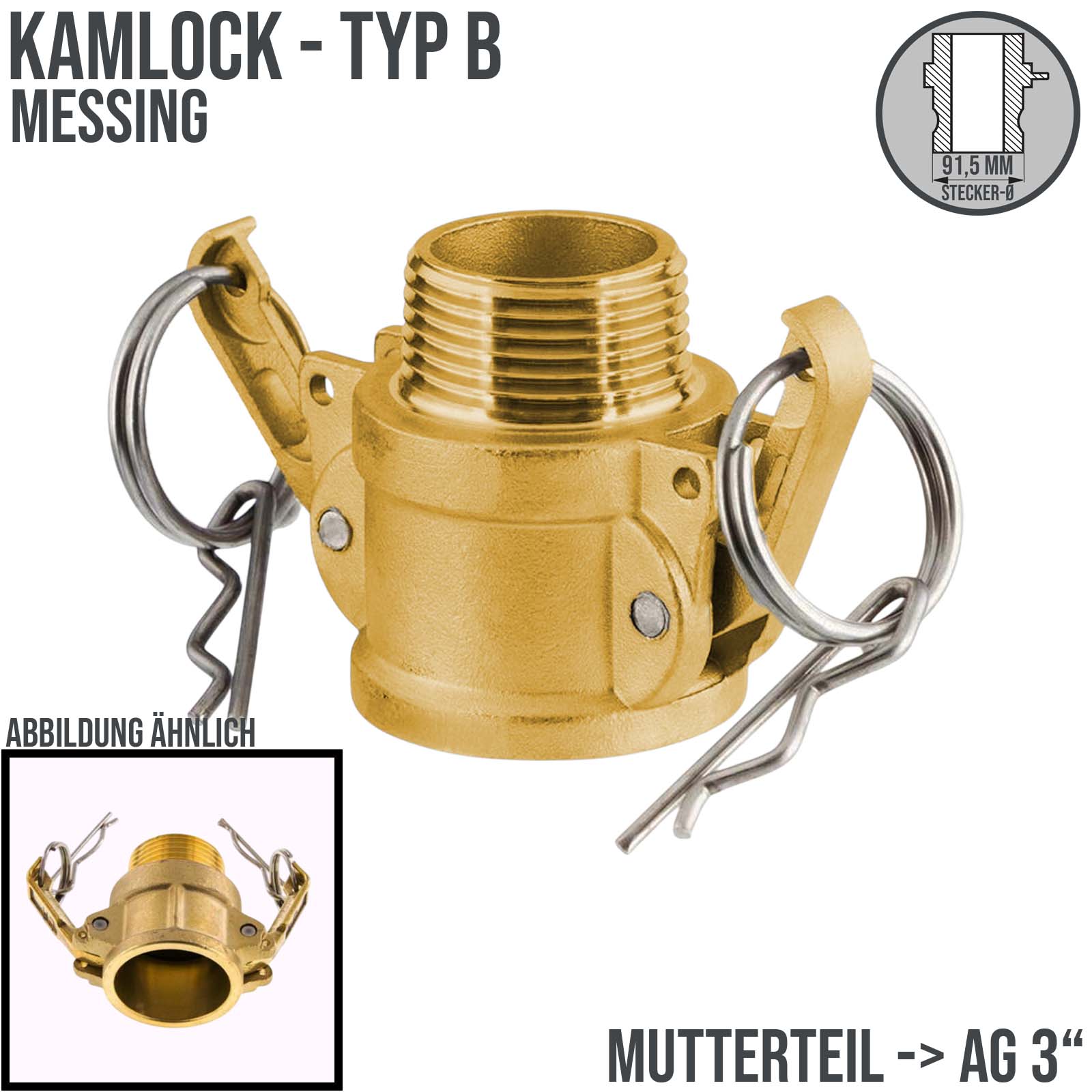 Kamlock Typ B - Mutterteil (91,5 mm) Messing MS mit Außengewinde (AG) 3" Zoll DN75 DN80 - PN 10 bar