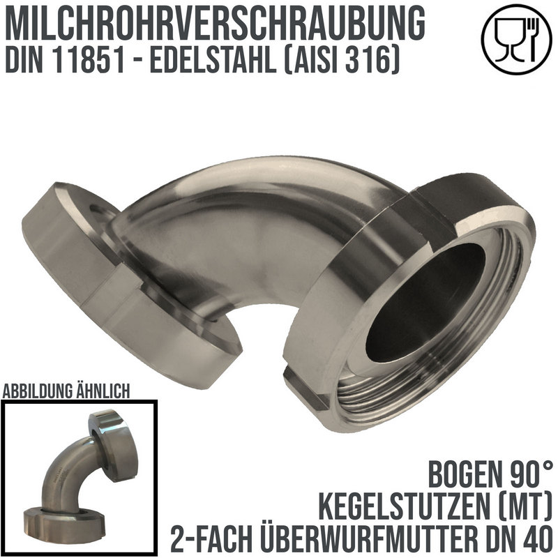DN 40 Milchrohr Verschraubung DIN 11851 Mutterteil Kegel Stutzen 90° Bogen Innen x Innengewinde - PN 25 bar