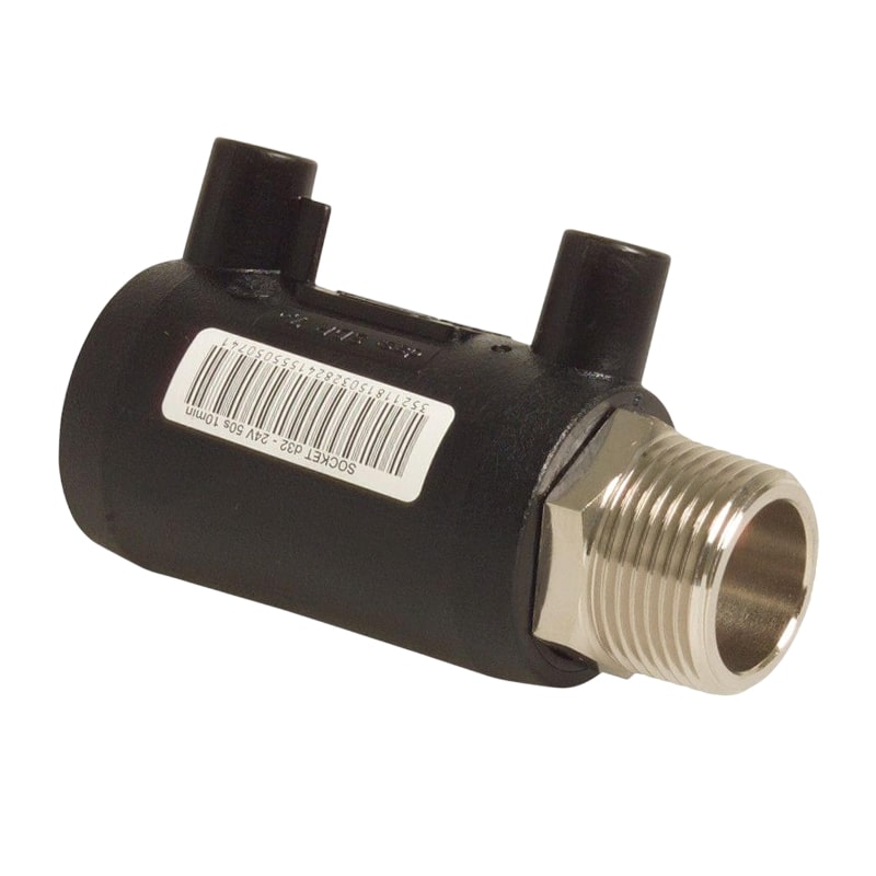63 mm PE 100 Elektro Schweiß Fitting Muffe x Außengewinde 63 mm x 2" SDR 7,4 DVGW 24 VAC schwarz
