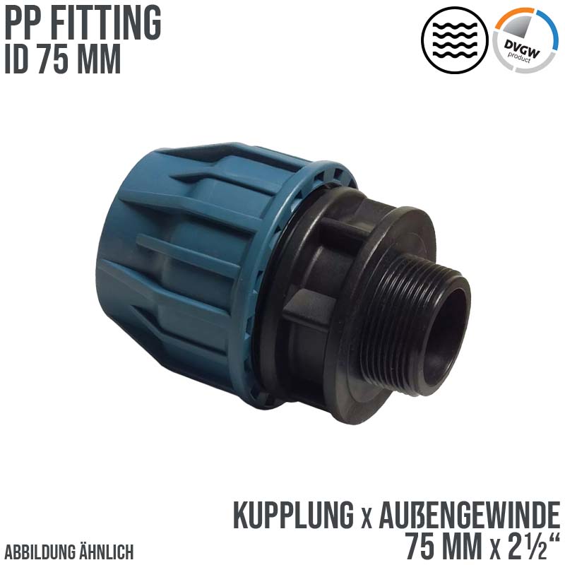 75 mm x 2 1/2" PE PP Fitting Klemm Verbinder Verschraubung Muffe Rohr Kupplung x AG DVGW - PN 16 bar