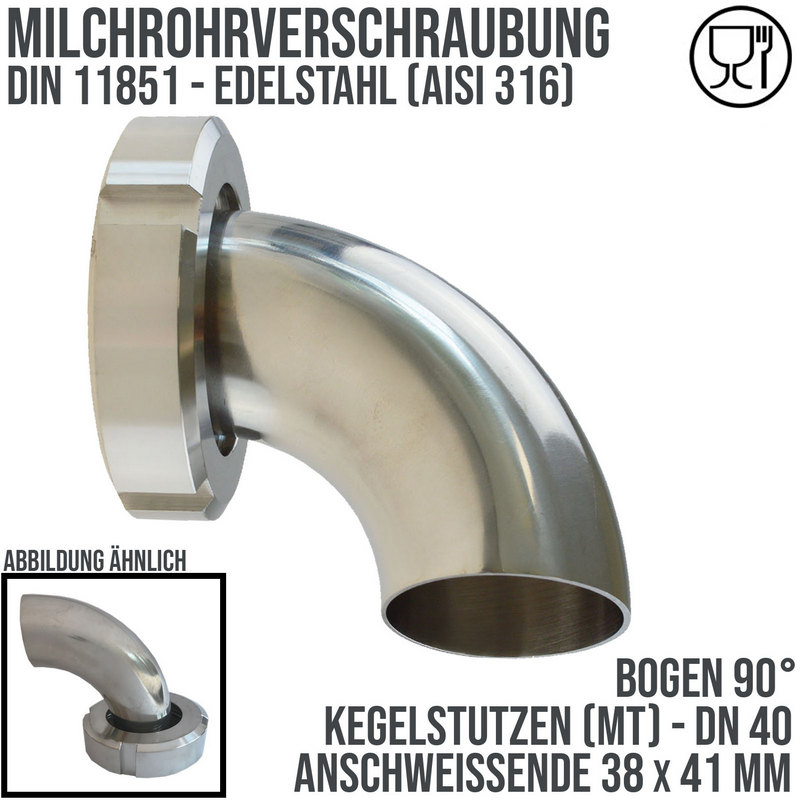 DN 40 Milchrohr Verschraubung DIN 11851 Mutterteil 90° Bogen Kegel Stutzen ÜWM Anschweißende ID x AD 38 x 41 mm - PN 25 bar