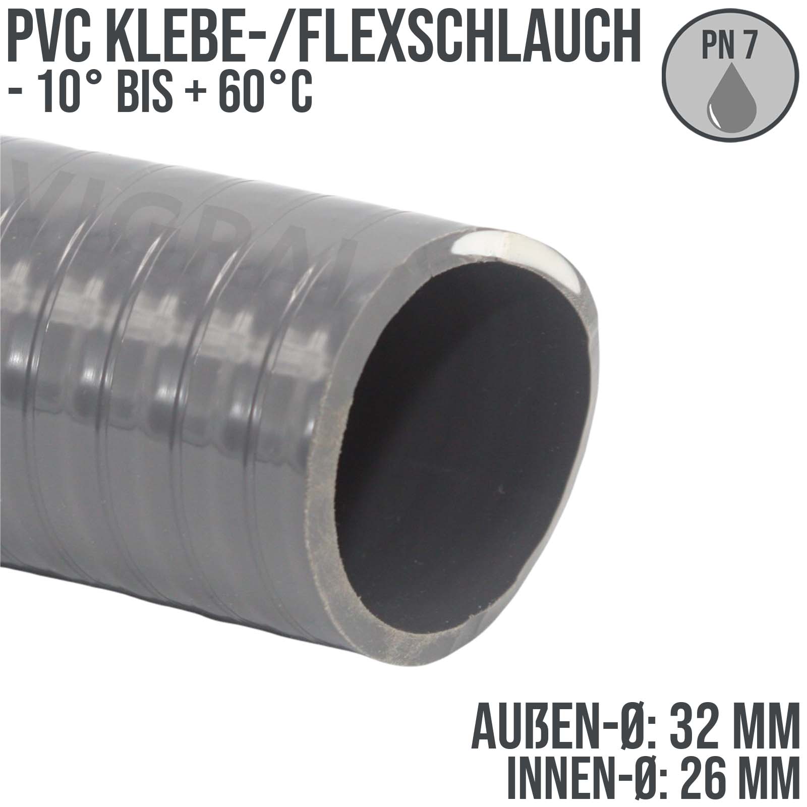 32 x 26 mm PVC Klebe Flex Spiral Schwimmbad Pool Teich Schlauch grau PN 7 bar