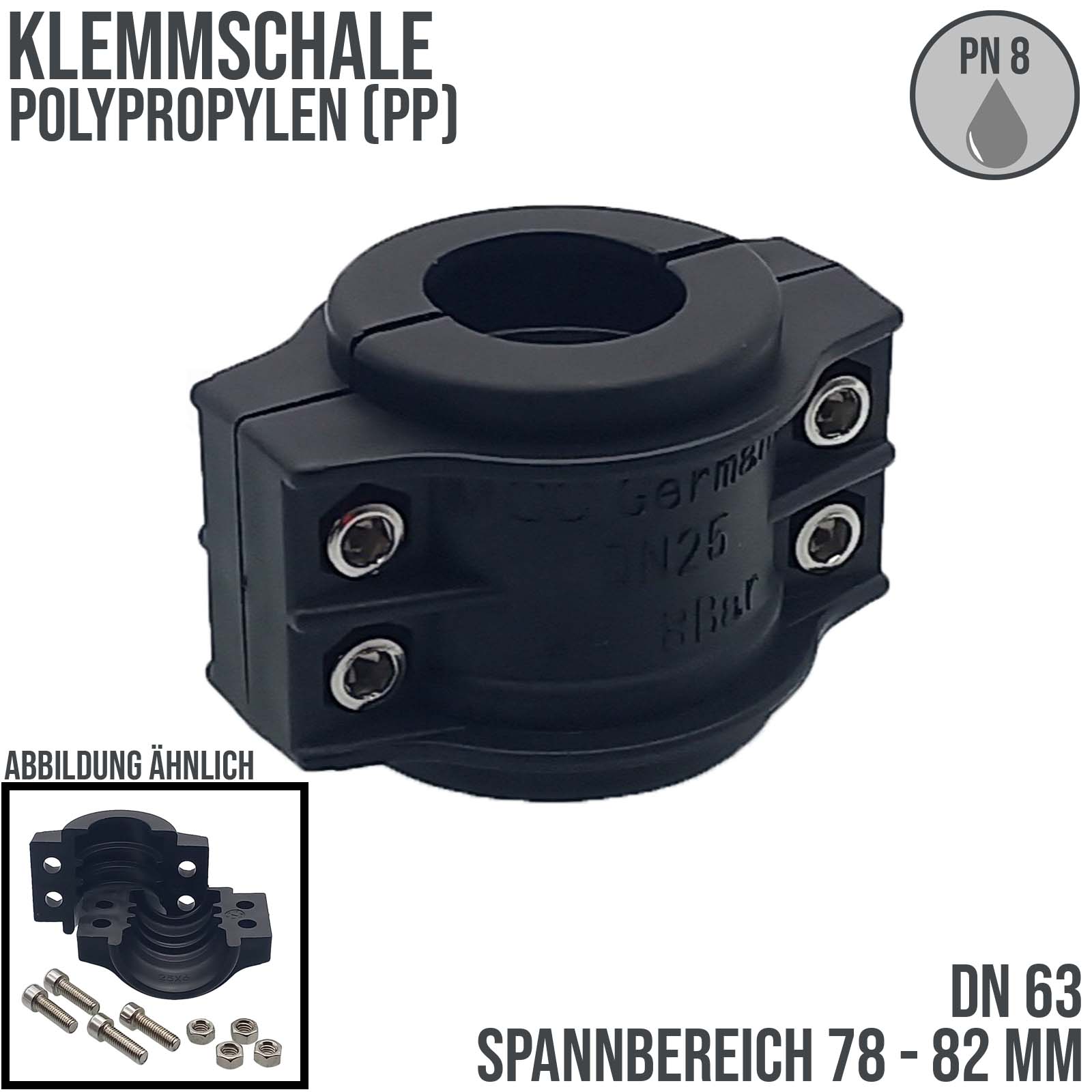 DN 63 Klemmschale Polypropylen PP schwarz Spannbereich 78 - 82 mm für Schlauch ID x AD 63 x 79 mm - PN 8 bar