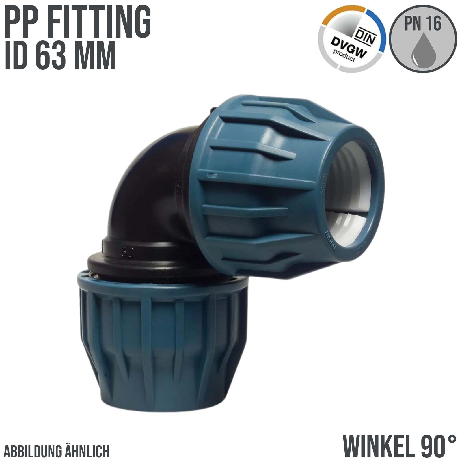63 mm PE PP Fitting Klemm Verbinder Verschraubung Muffe Rohr Winkel 90° DVGW - PN 16 bar