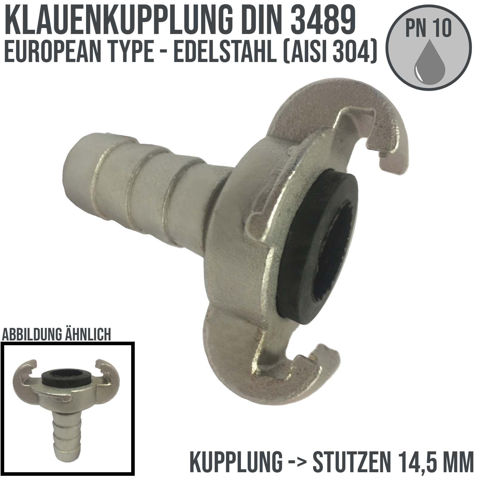 1" Klauen Kupplung Edelstahl AISI 304 European Type Abstand 42 mm Schlauch Stutzen Tülle 26,5 mm - PN 10 bar