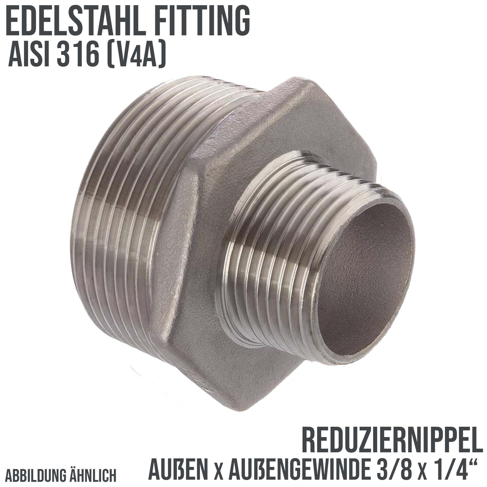 3/8" Edelstahl Fitting V4A AISI 316 Nr. 245 - Reduktionsnippel Außen x Außengewinde AG - 3/8 "x 1/4" - PN 16 bar
