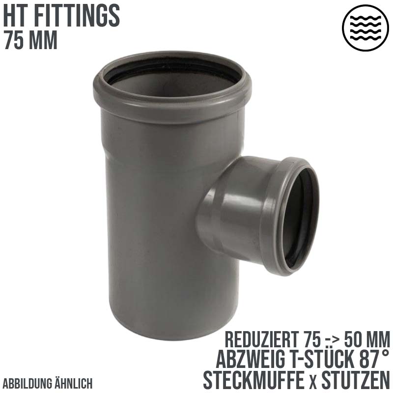 75 x 50 mm PP T-Stück 87° Abzweig Abfluß Abwasser HT KG Rohr Steckmuffe x Stutzen grau