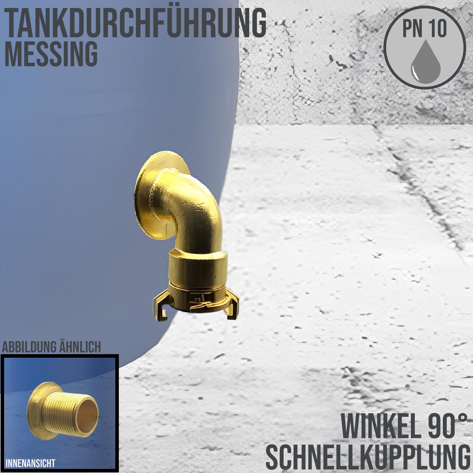 90° Tank Regen Tonnen Durchführung Messing Schlauch Schnellkupplung - Anschuss Set PN 10 bar
