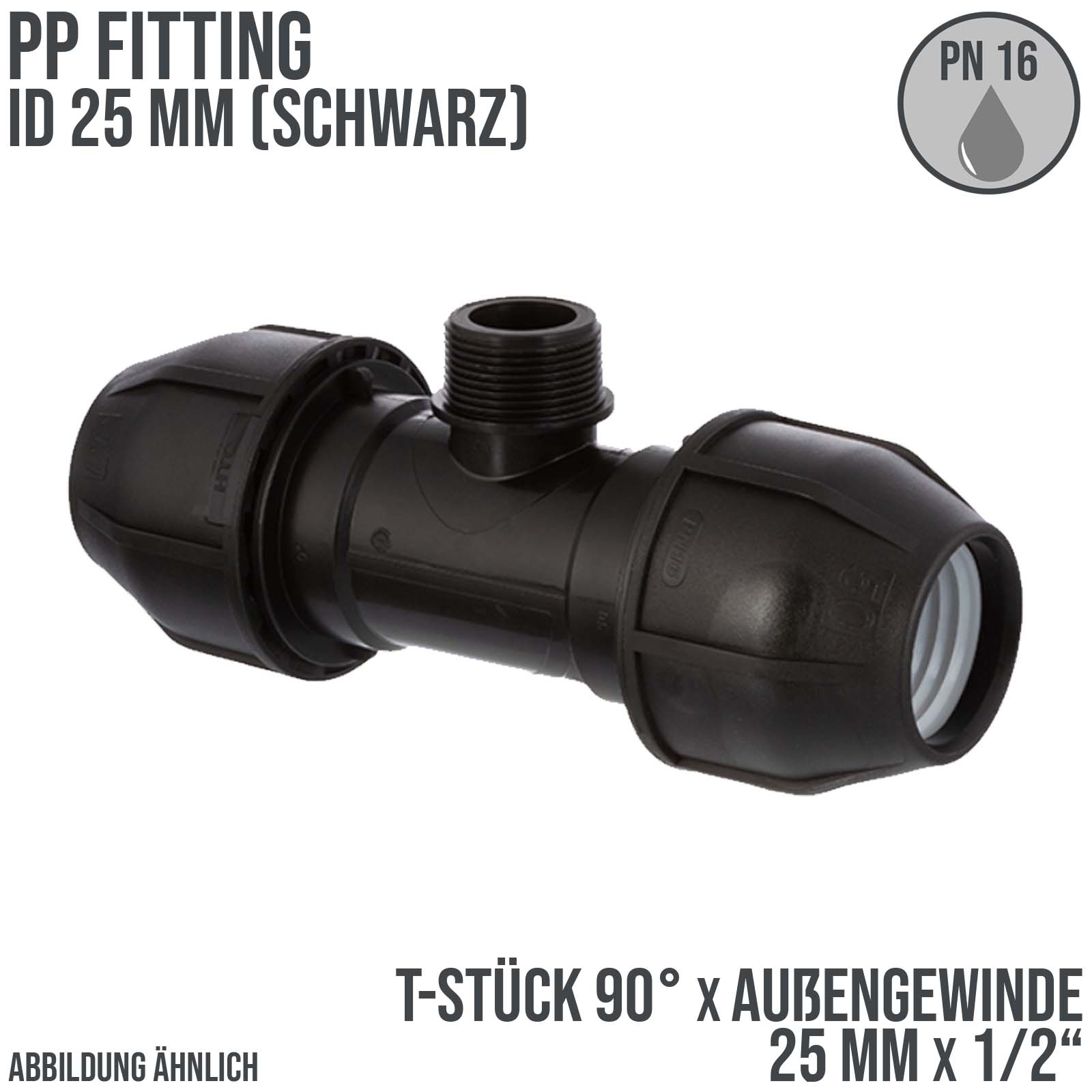 25 mm x 1/2" PE PP Fitting Klemm Verbinder Verschraubung Rohr T-Stück 90° x AG schwarz - PN 16 bar 