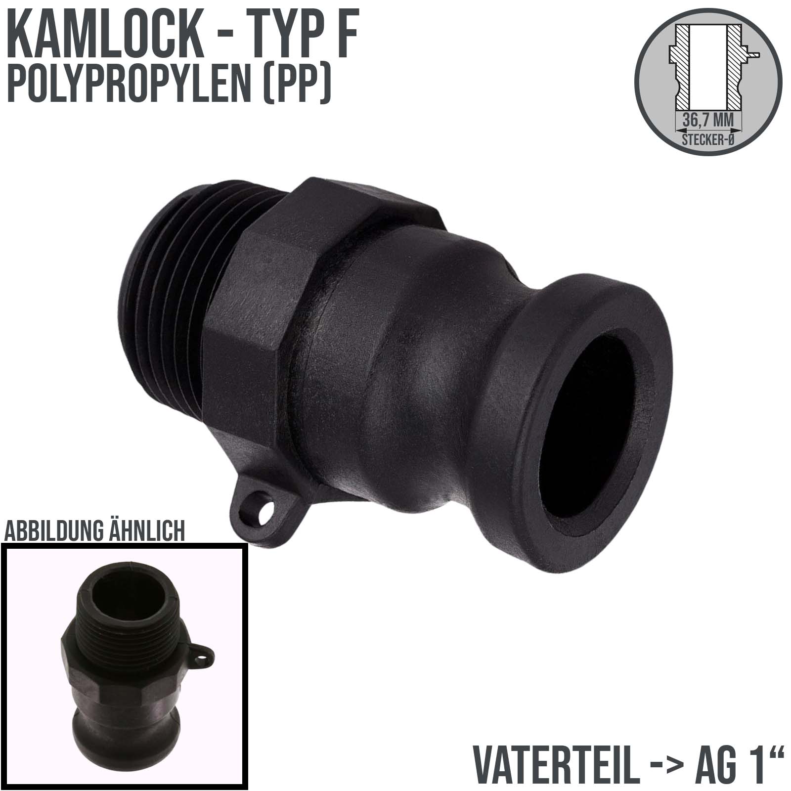 Kamlock Typ F (PP) Vaterteil - 36,7 mm Stecker mit Außengewinde (AG) 1" Zoll DN 25  - PN 8,5 bar