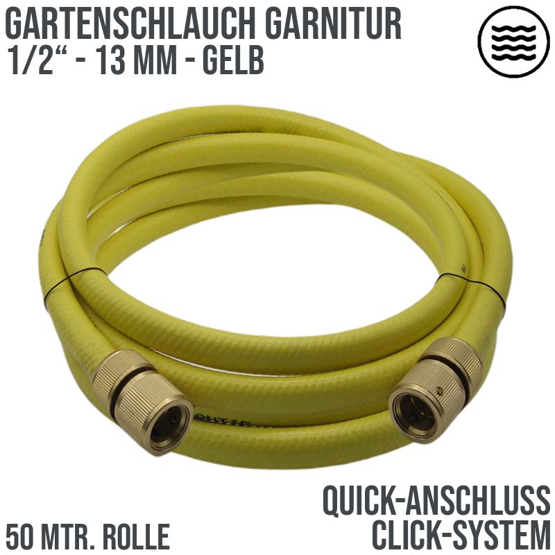 1/2" 13 mm Garten Wasser Schlauch Garnitur gelb Quick-Anschluss (Click-System) 3 Lagen - PN 8 bar - 50 m