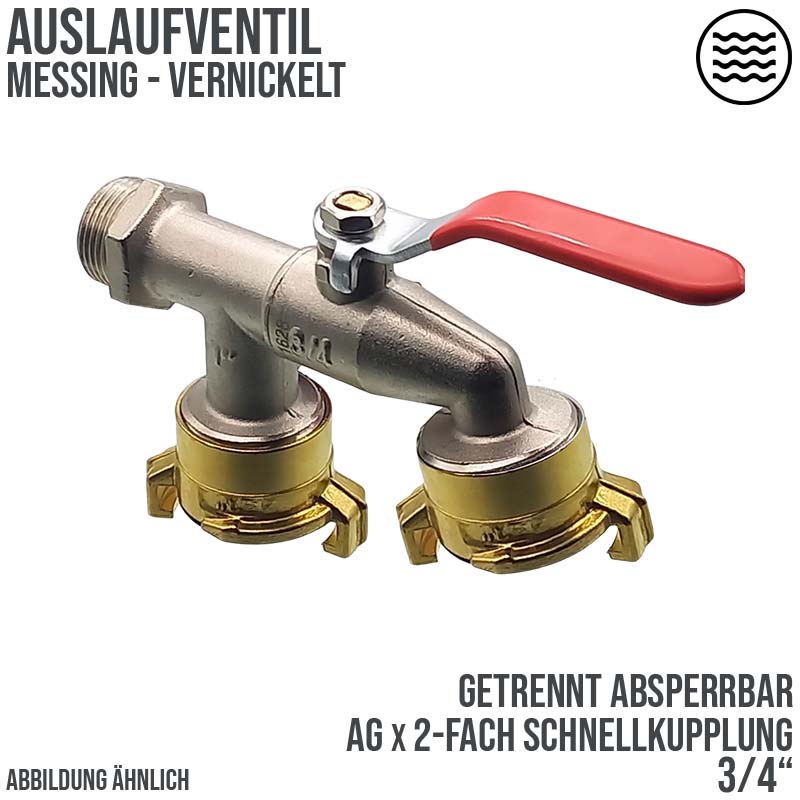 3/4" Messing Auslauf Ventil Hahn 2-fach Auslass Schnellkupplung PN 10 bar