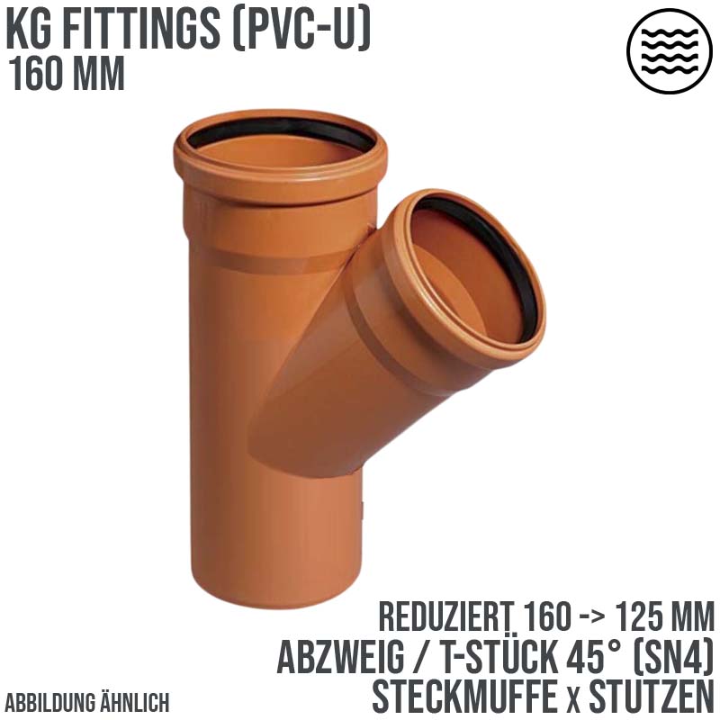 160 x 125 mm PVC T-Stück 45° red. Abzweig Abfluß Abwasser HT KG Rohr SN4 Steckmuffe x Stutzen rostbraun