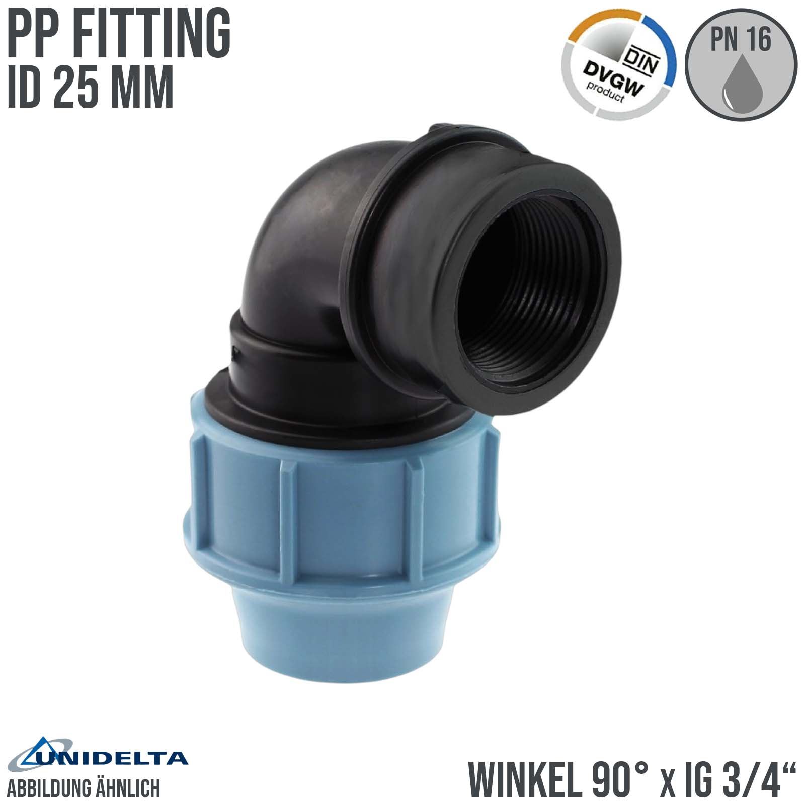 25 mm x 3/4" PE PP Fitting Klemm Verbinder Verschraubung Rohr Winkel 90° x IG DVGW - Unidelta 